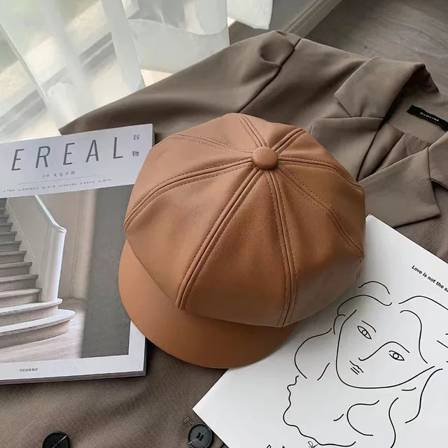 CAROLIEN - Dames Koreaanse Stijl PU Lederen Achthoekige Newsboy Muts