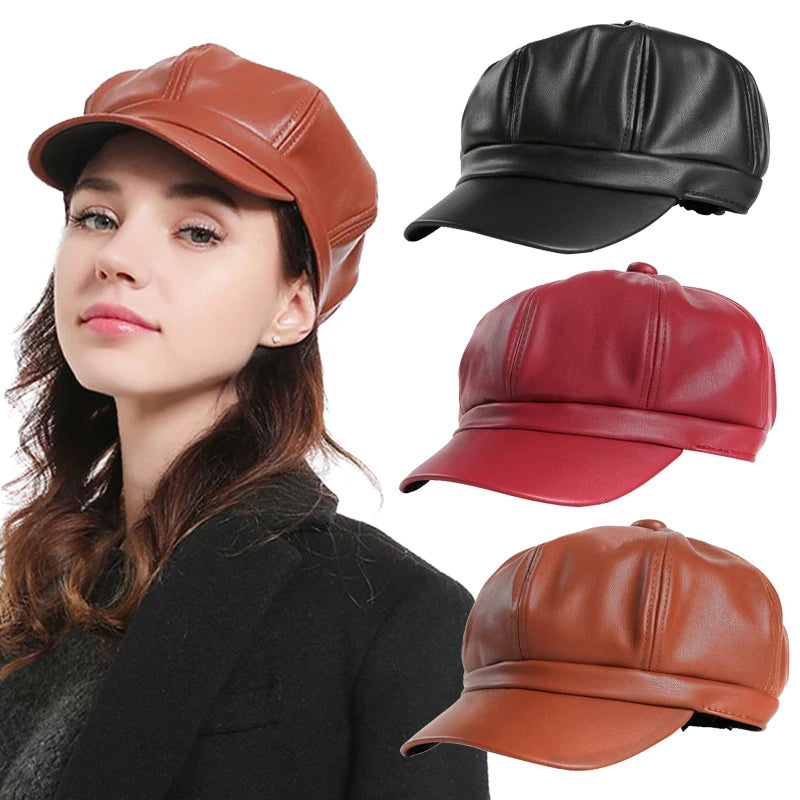 CAROLIEN - Dames Koreaanse Stijl PU Lederen Achthoekige Newsboy Muts
