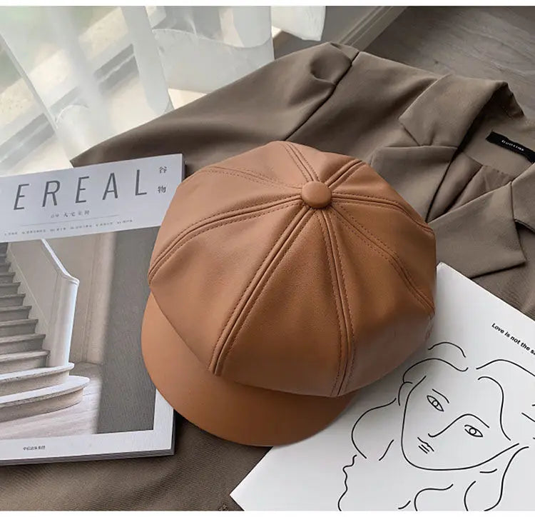 CAROLIEN - Dames Koreaanse Stijl PU Lederen Achthoekige Newsboy Muts