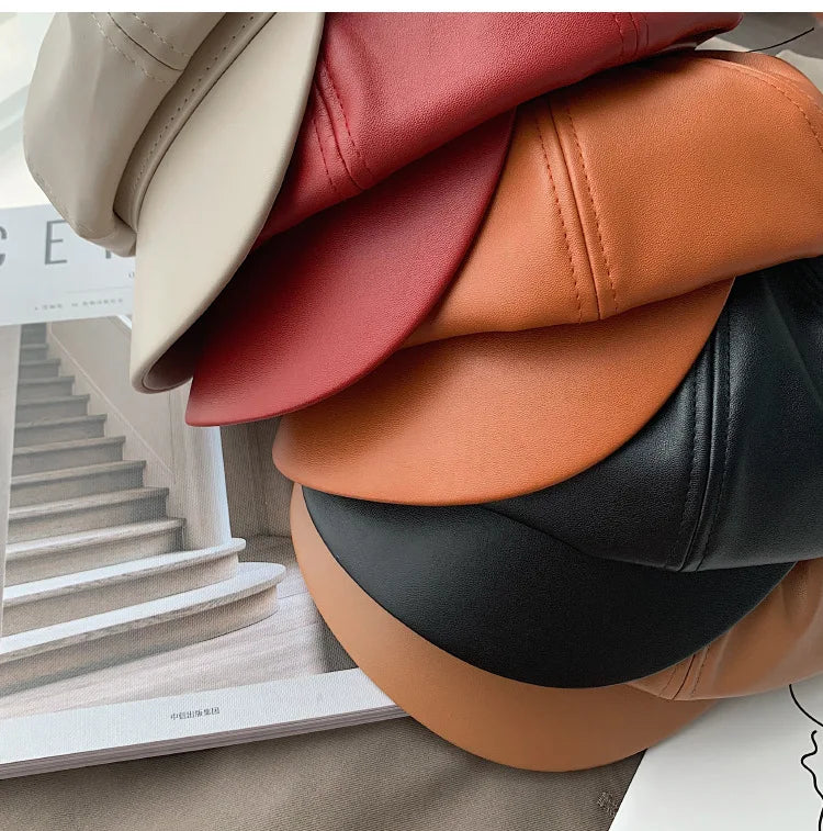 CAROLIEN - Dames Koreaanse Stijl PU Lederen Achthoekige Newsboy Muts