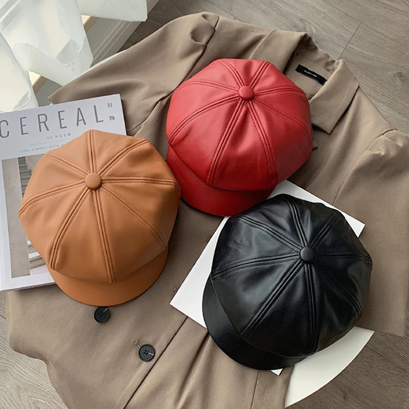 CAROLIEN - Dames Koreaanse Stijl PU Lederen Achthoekige Newsboy Muts