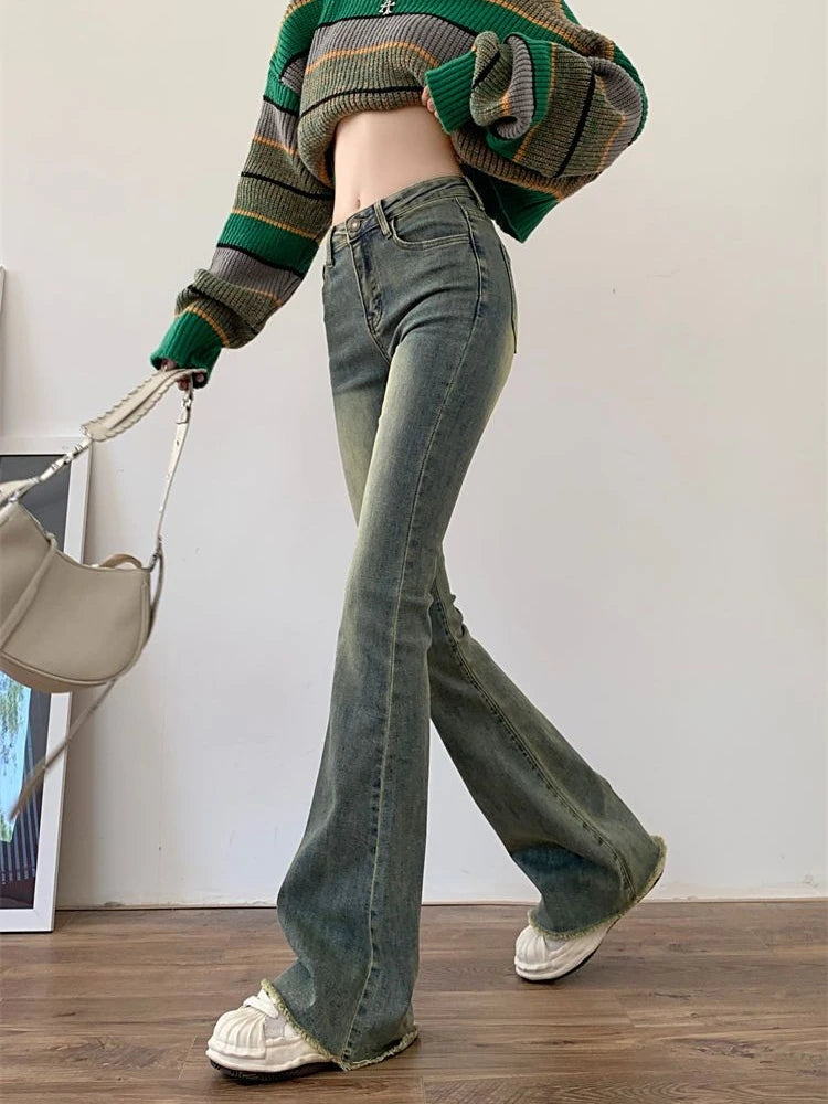 FEMKE - Hoge Taille Skinny Flare Jeans voor Dames - Vintage Gewassen Retro Denim