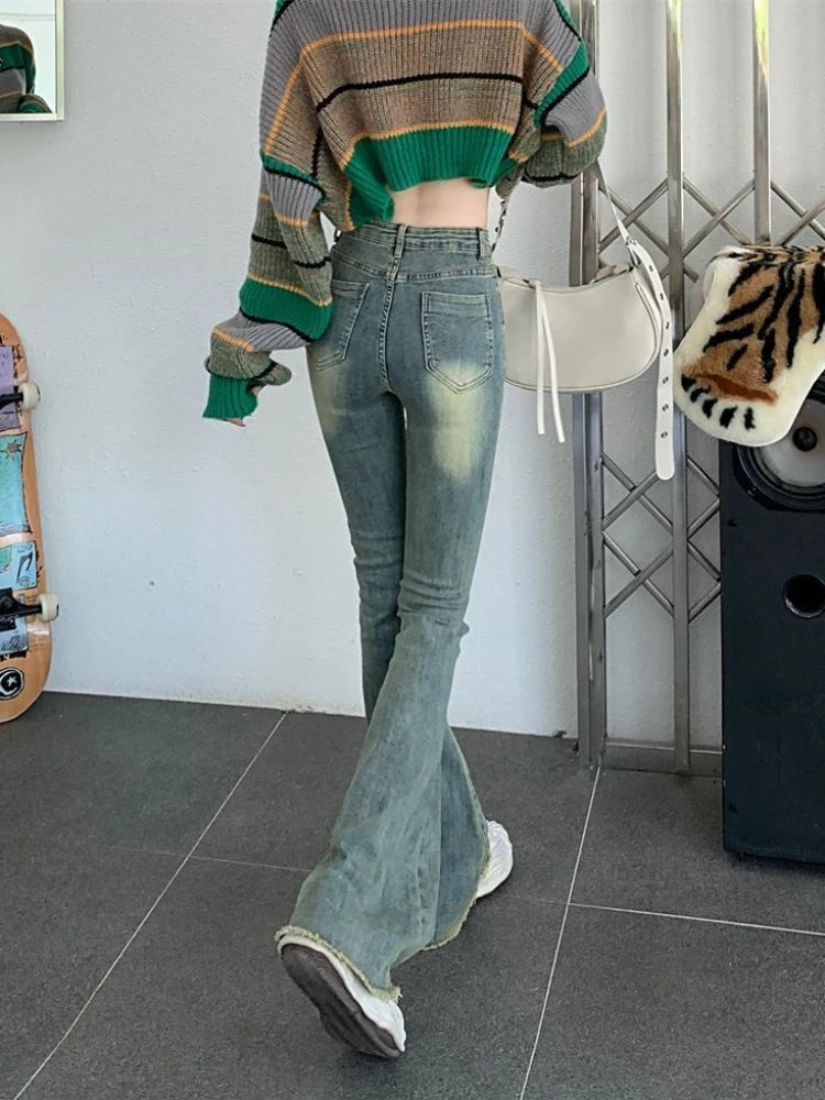 FEMKE - Hoge Taille Skinny Flare Jeans voor Dames - Vintage Gewassen Retro Denim
