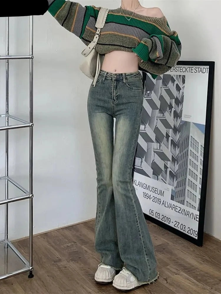 FEMKE - Hoge Taille Skinny Flare Jeans voor Dames - Vintage Gewassen Retro Denim