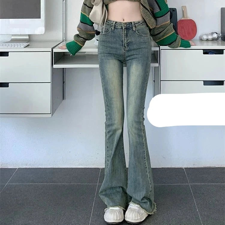 FEMKE - Hoge Taille Skinny Flare Jeans voor Dames - Vintage Gewassen Retro Denim
