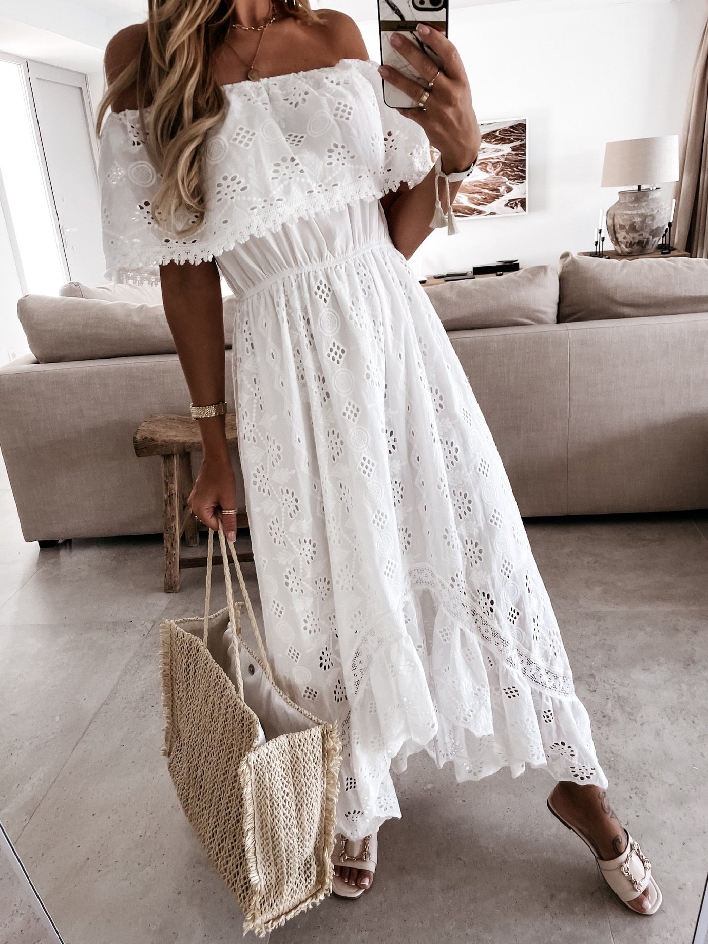 EMILIA - Off-the-shoulder lange boho jurk met ruches