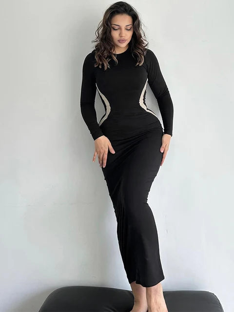 Britt - Dames Zwart O-Hals Lange Mouw Bodycon Maxi Jurk
