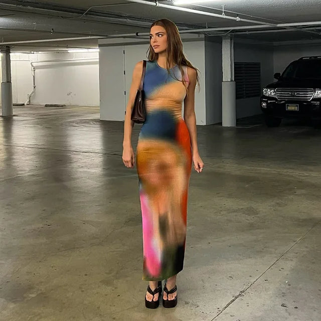 Beatrix - Dames Midi Jurk met Tie Dye Print en Ribbels - Bodycon Stijl met Zijsplit