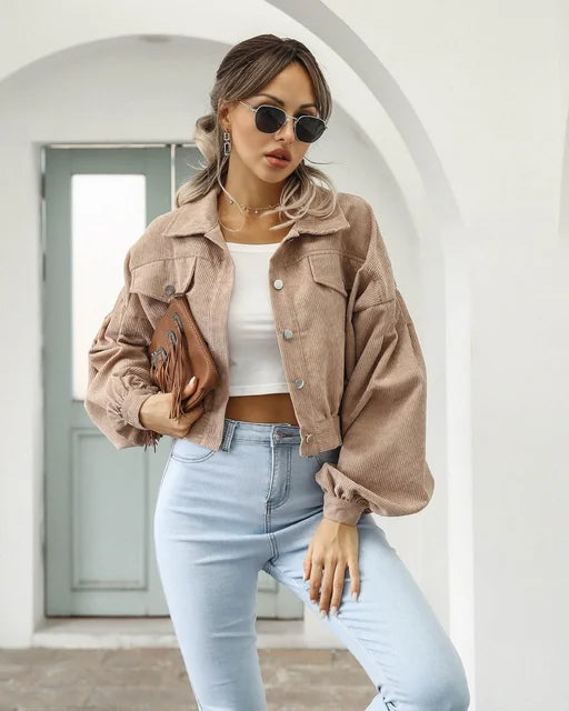 TOINE - Dames Corduroy Cropped Bomberjack met Lantern Mouwen