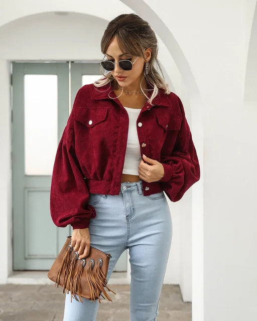 TOINE - Dames Corduroy Cropped Bomberjack met Lantern Mouwen