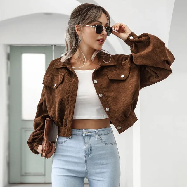 TOINE - Dames Corduroy Cropped Bomberjack met Lantern Mouwen