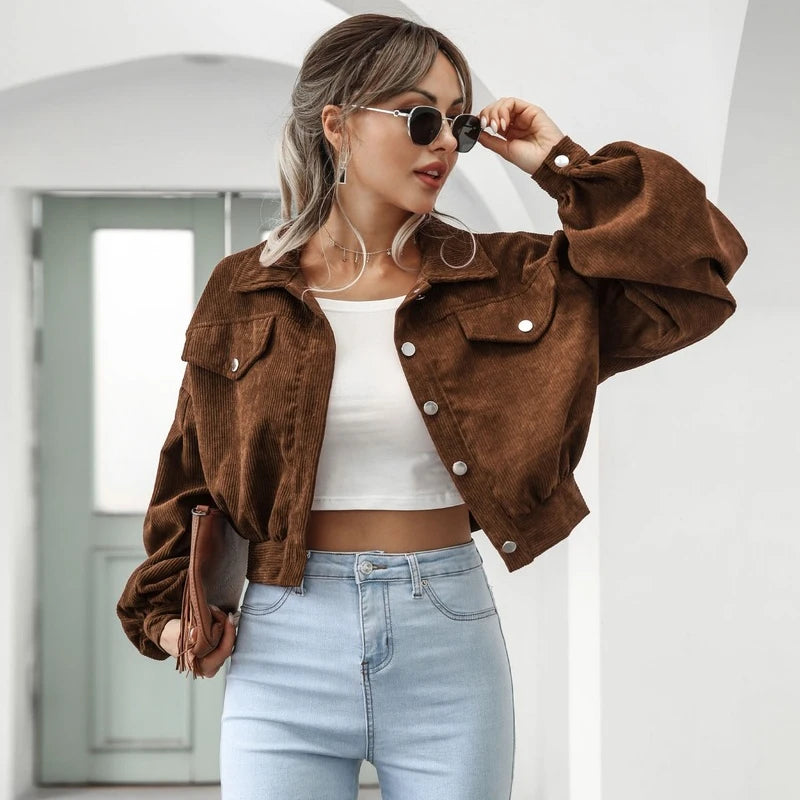 TOINE - Dames Corduroy Cropped Bomberjack met Lantern Mouwen