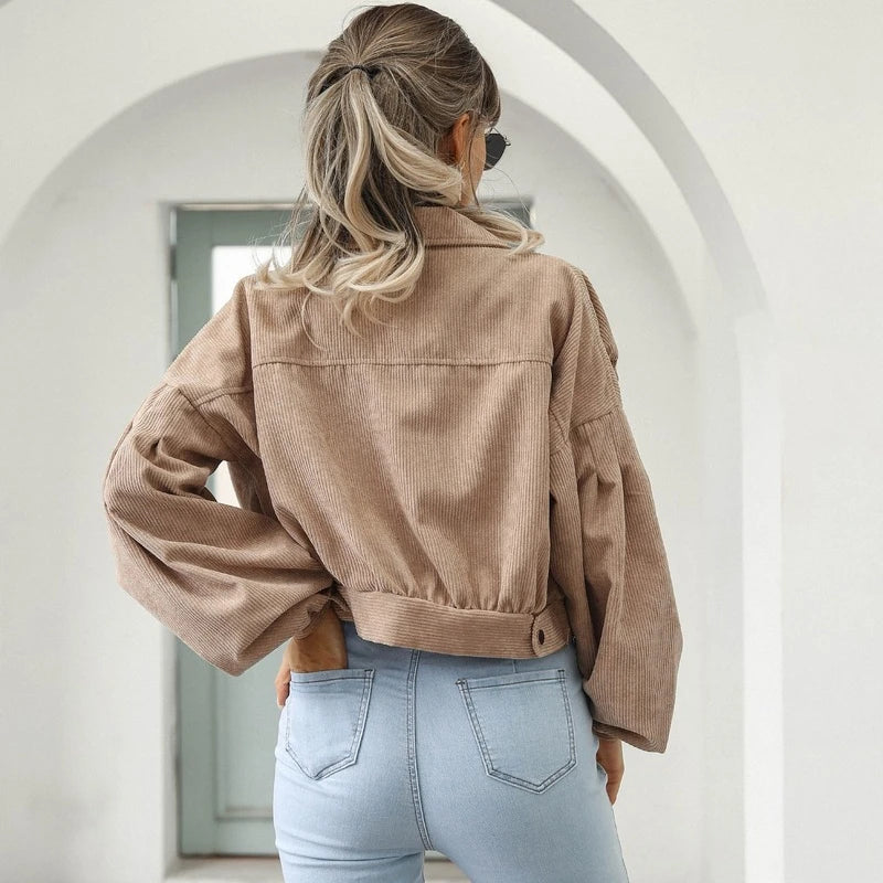 TOINE - Dames Corduroy Cropped Bomberjack met Lantern Mouwen