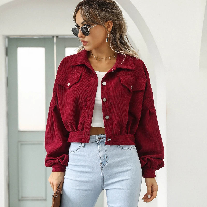 TOINE - Dames Corduroy Cropped Bomberjack met Lantern Mouwen