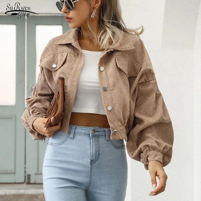 TOINE - Dames Corduroy Cropped Bomberjack met Lantern Mouwen