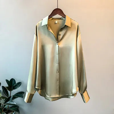Nicole - Koreaanse Dames Blouse met Lange Mouwen: Satijnen Stof, Enkele Breasted Sluiting, Effen Patroon