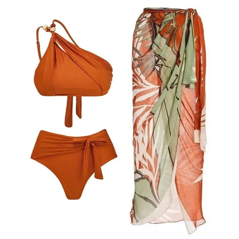 CAROLINE - One-Shoulder 3-delig Bikini Set met kralen details