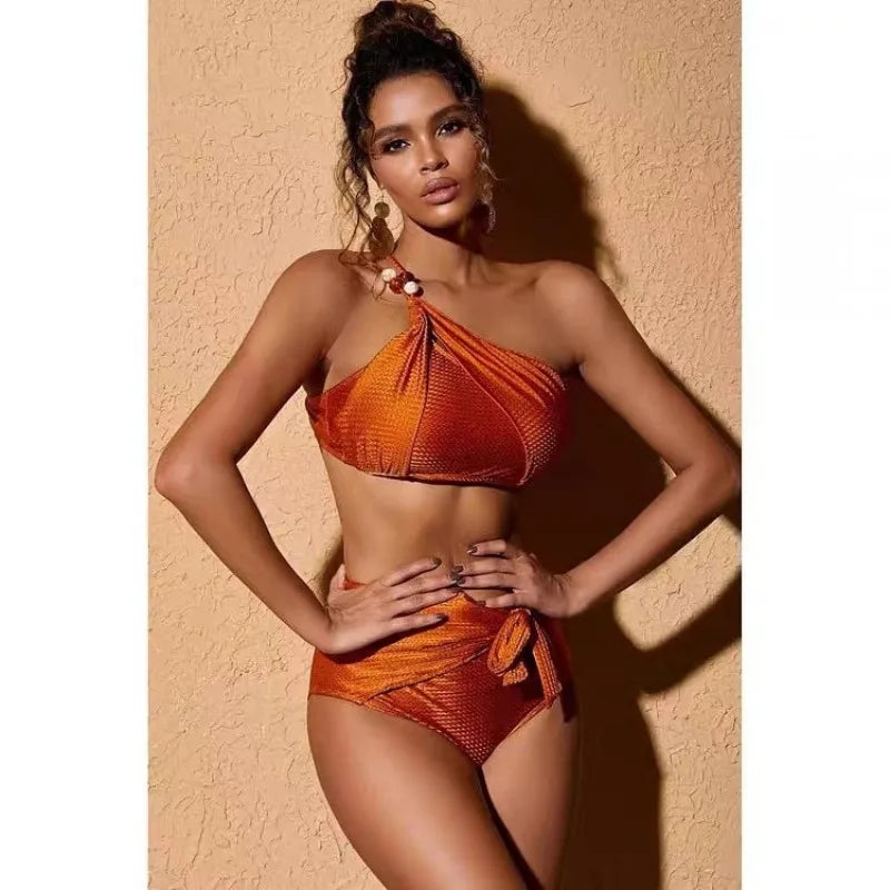 CAROLINE - One-Shoulder 3-delig Bikini Set met kralen details