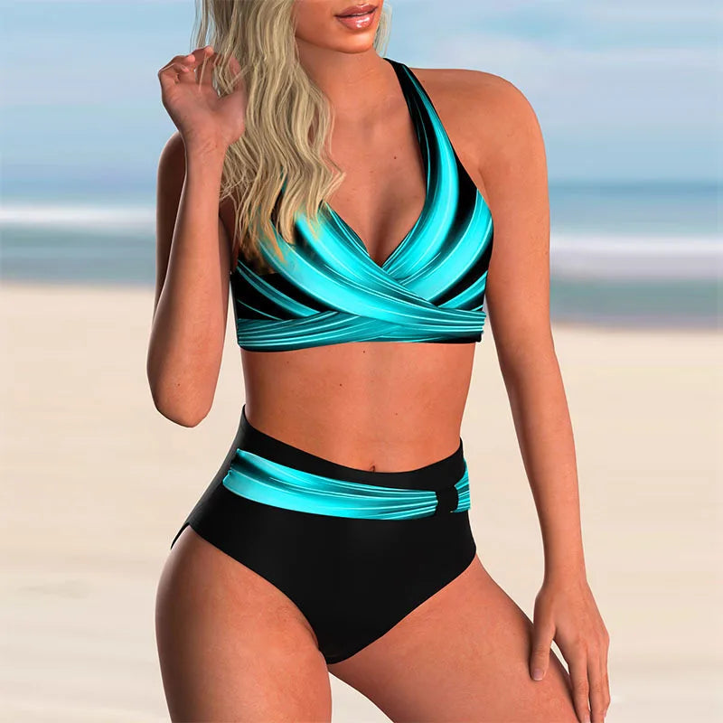 FAMKE - Hoog getailleerd push-up halter bikinis set voor dames