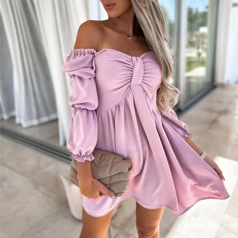 URSULA - Off-the-shoulder jurk met pofmouwen en strik