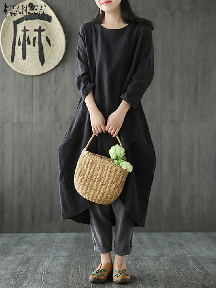 ELINA - Chique asymmetrische midi-jurk met lange mouwen