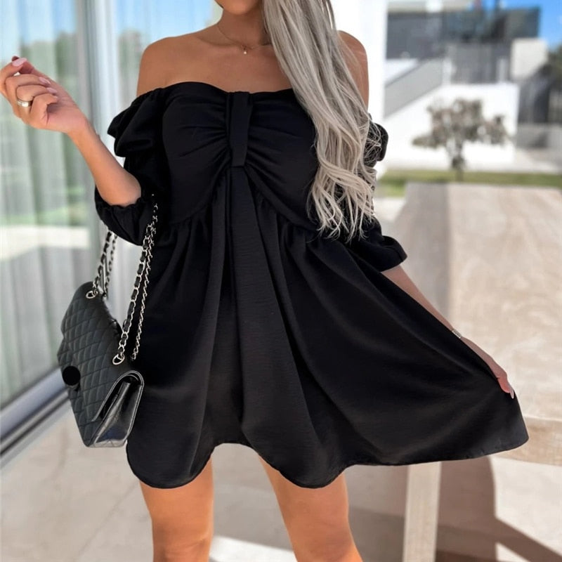 URSULA - Off-the-shoulder jurk met pofmouwen en strik