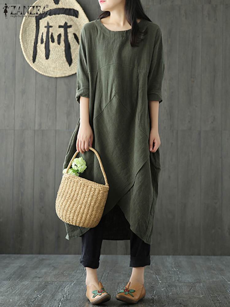 ELINA - Chique asymmetrische midi-jurk met lange mouwen