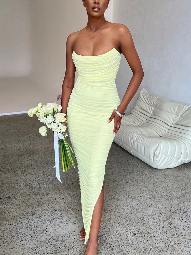 JANA - Lange strapless geribde jurk
