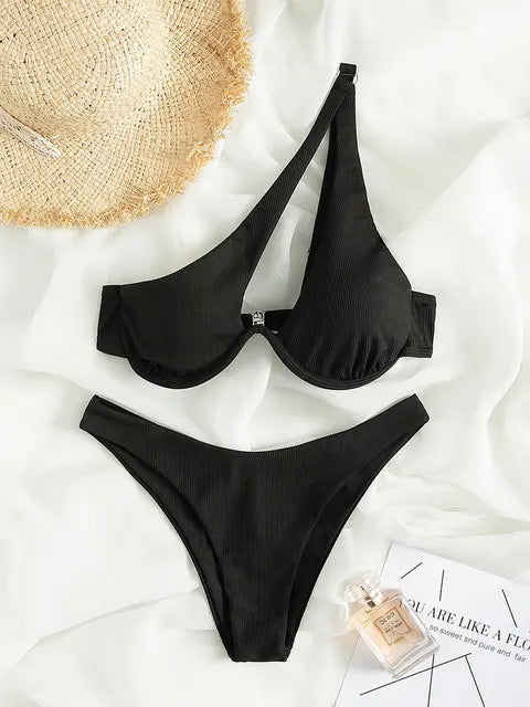 BEATRIX - Dames One-Shoulder Bikini Set - Effen Patroon, Draadloze Ondersteuning, Pasvorm met middelhoge taille