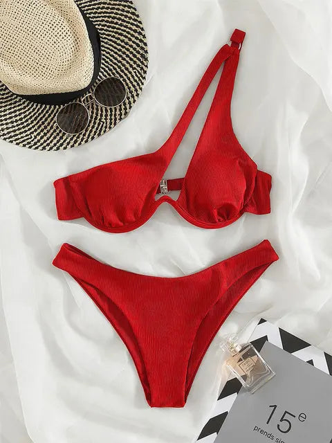 BEATRIX - Dames One-Shoulder Bikini Set - Effen Patroon, Draadloze Ondersteuning, Pasvorm met middelhoge taille