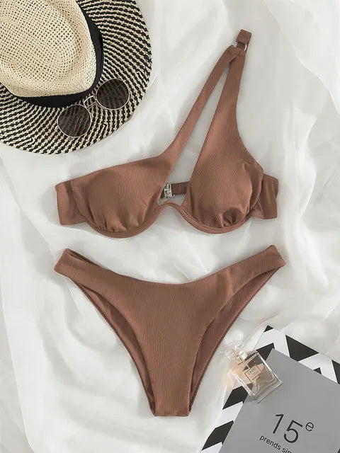 BEATRIX - Dames One-Shoulder Bikini Set - Effen Patroon, Draadloze Ondersteuning, Pasvorm met middelhoge taille