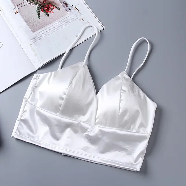RIA - Dames Satijnen Bralette zonder Beugel, Verkort Top met Spaghettibandjes en Borstvulling