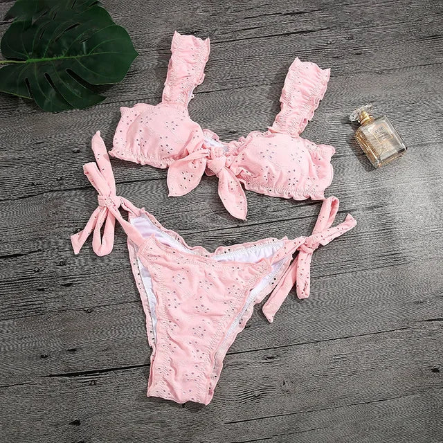 MARGO - Bikini Set met Ruches in effen kleur - Draadloos, lage taille
