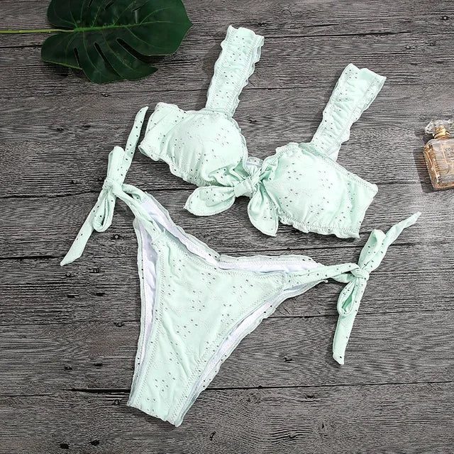 MARGO - Bikini Set met Ruches in effen kleur - Draadloos, lage taille