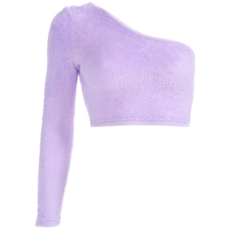Heleen - Lavendelkleurige pluizige crop top met één schouder en lange mouwen voor dames