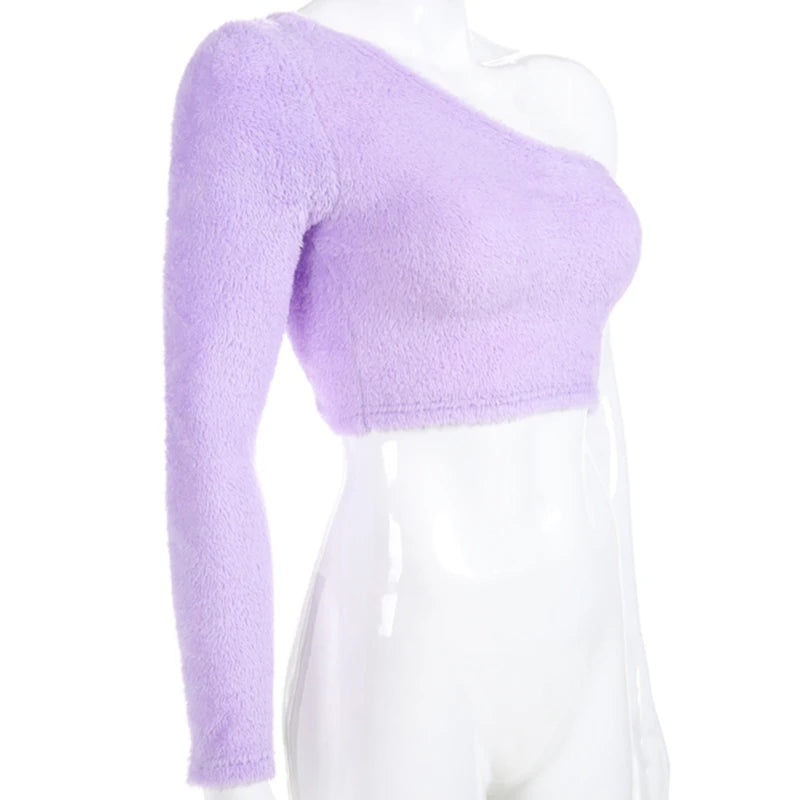 Heleen - Lavendelkleurige pluizige crop top met één schouder en lange mouwen voor dames