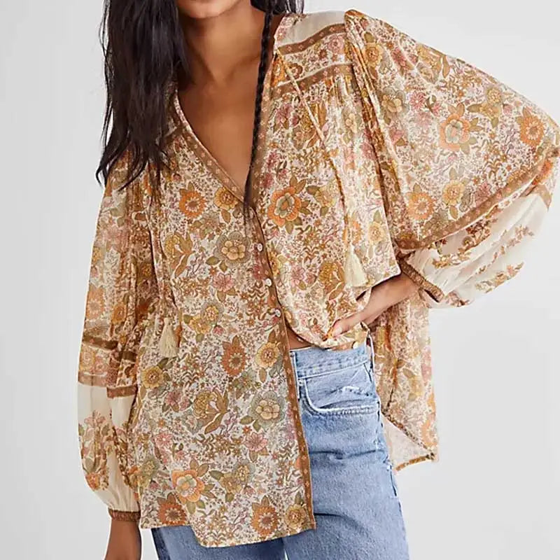 HENRYKA - Boho bloemenprint V-hals bloes