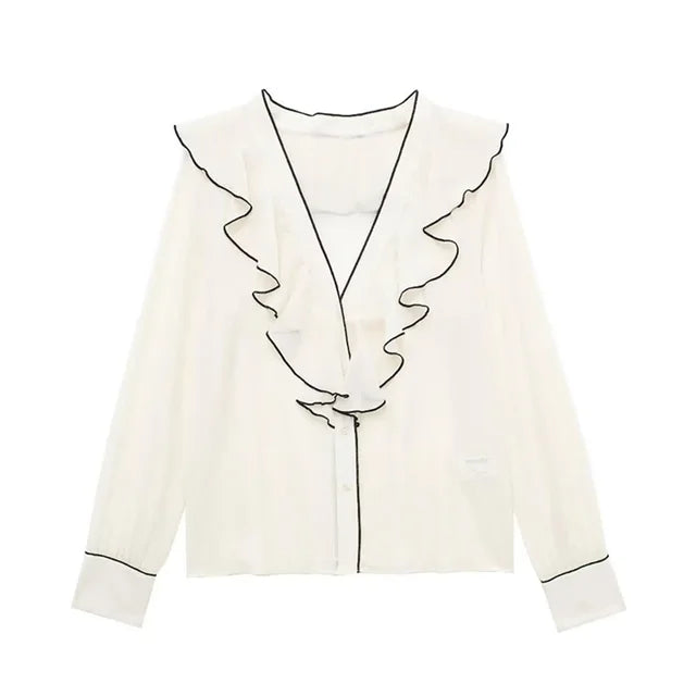 Femke - Dames Blouse van doorzichtige chiffon: Gerimpeld overslag V-hals met lange mouwen en lichtgewicht stof