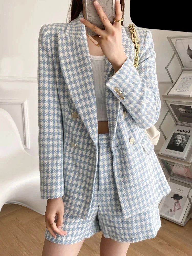 GREET - Dames Vintage Pied-de-poule Tweerijige Tweed Blazer met klepzakken