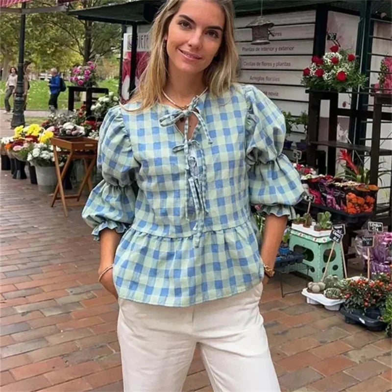 SVEA - Blauw Geruite Blouse