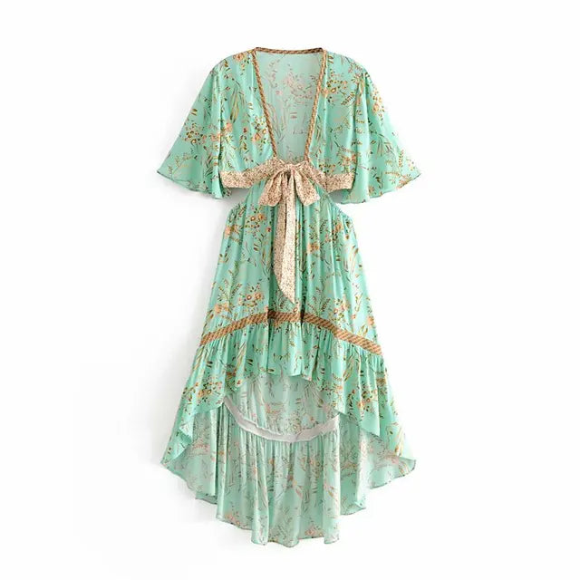 GABRIELE - Vintage Chic Dames Bloemenpatroon Korte Mouw Rayon Boheemse Jurken Dames V-hals Kwastje Zomer Boho Ruches Maxi Jurk Vestidos