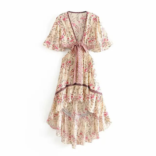 GABRIELE - Vintage Chic Dames Bloemenpatroon Korte Mouw Rayon Boheemse Jurken Dames V-hals Kwastje Zomer Boho Ruches Maxi Jurk Vestidos