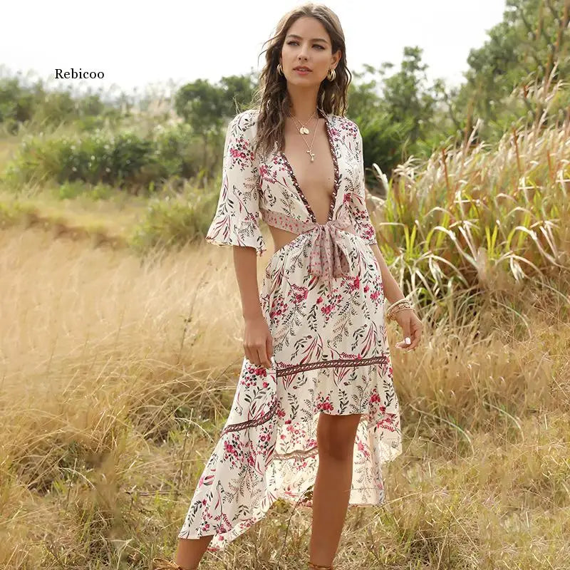 GABRIELE - Vintage Chic Dames Bloemenpatroon Korte Mouw Rayon Boheemse Jurken Dames V-hals Kwastje Zomer Boho Ruches Maxi Jurk Vestidos