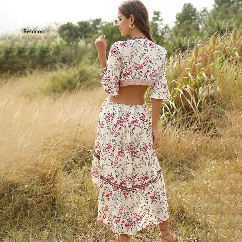 GABRIELE - Vintage Chic Dames Bloemenpatroon Korte Mouw Rayon Boheemse Jurken Dames V-hals Kwastje Zomer Boho Ruches Maxi Jurk Vestidos