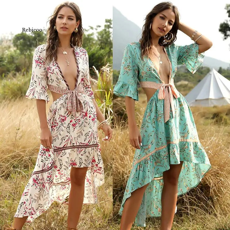 GABRIELE - Vintage Chic Dames Bloemenpatroon Korte Mouw Rayon Boheemse Jurken Dames V-hals Kwastje Zomer Boho Ruches Maxi Jurk Vestidos