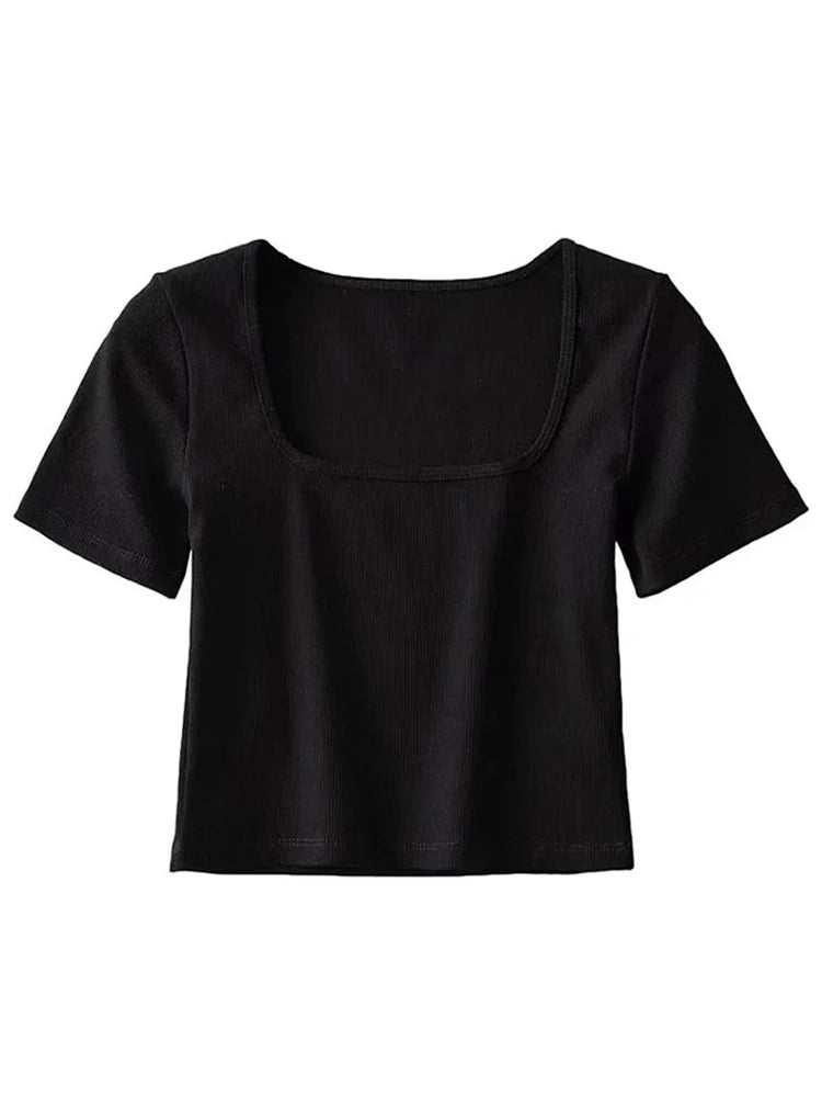 Gabriella - Dames Kortmouw Square Neck Rib Crop Top