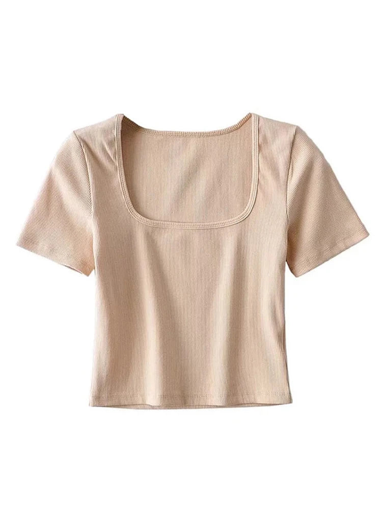 Gabriella - Dames Kortmouw Square Neck Rib Crop Top