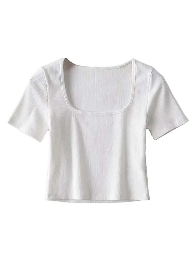Gabriella - Dames Kortmouw Square Neck Rib Crop Top