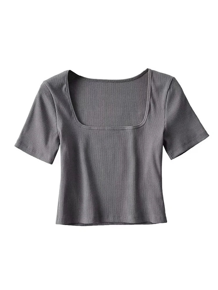 Gabriella - Dames Kortmouw Square Neck Rib Crop Top