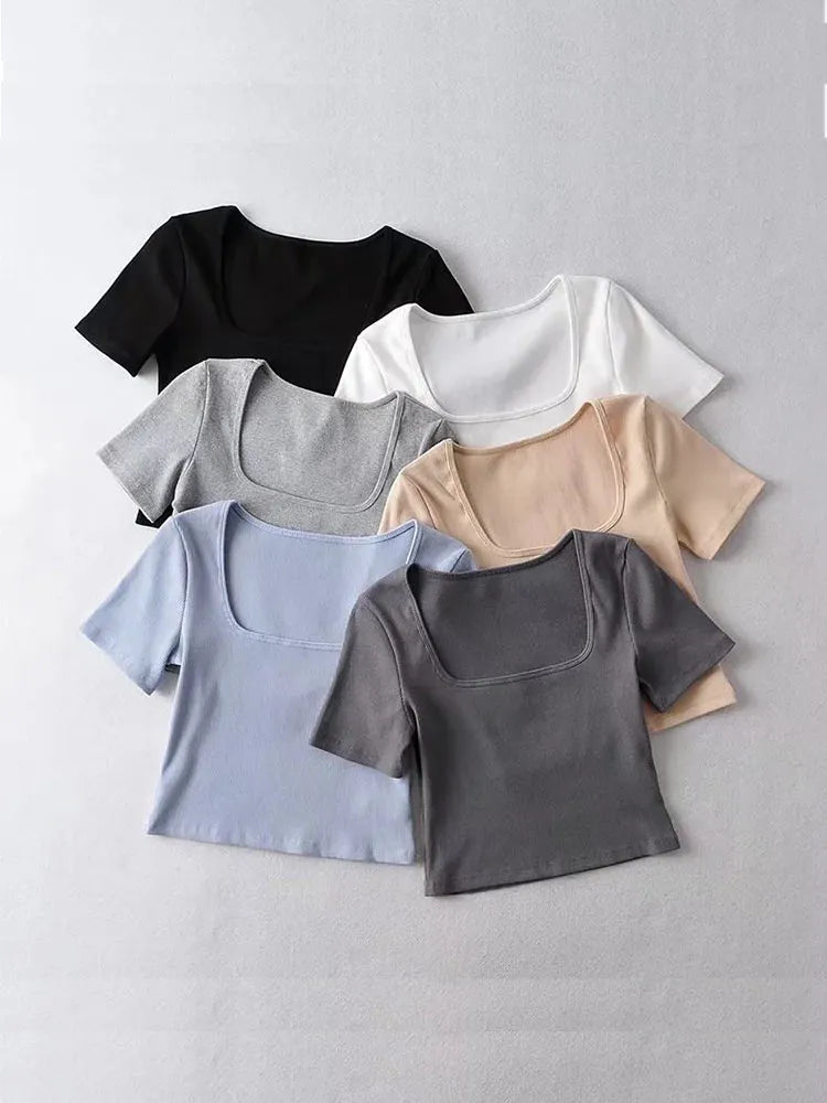 Gabriella - Dames Kortmouw Square Neck Rib Crop Top